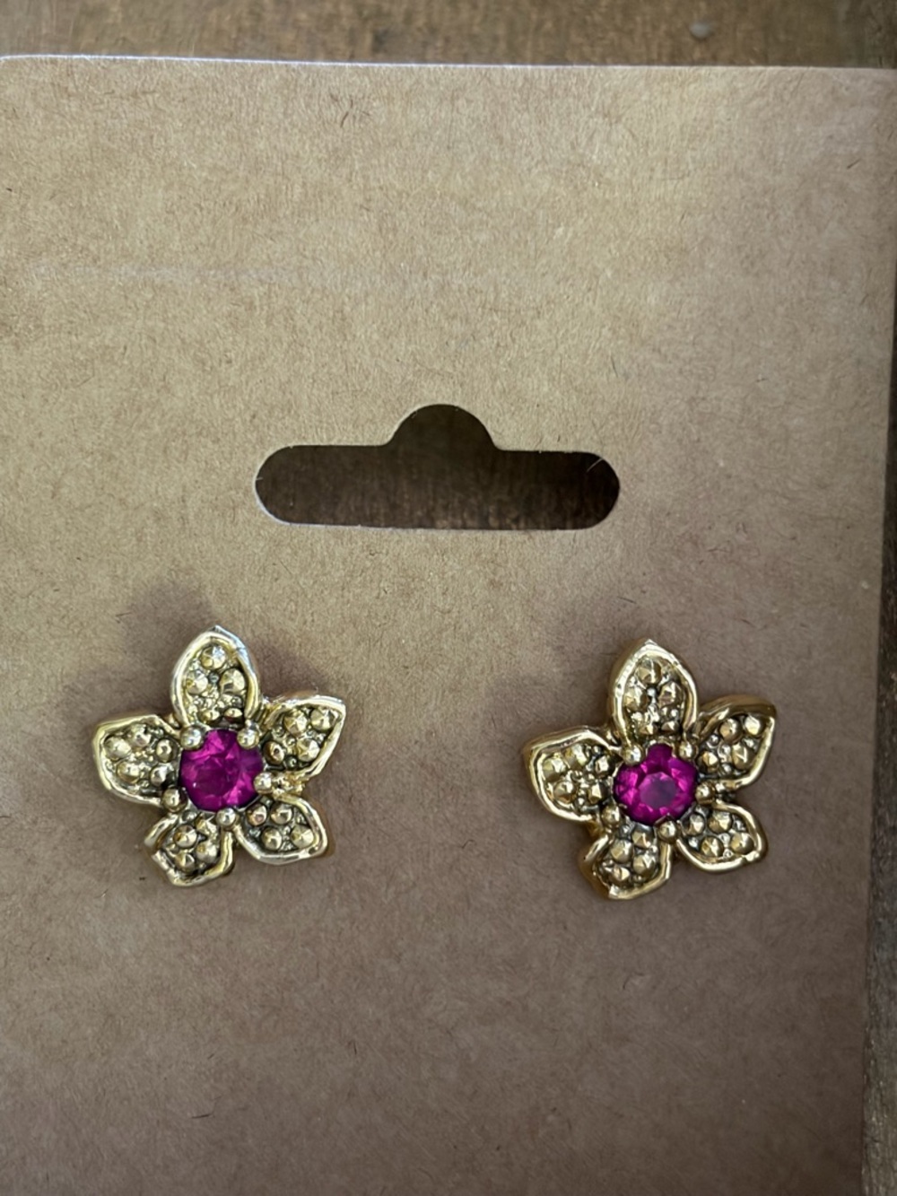 Gold Floral Stud Earrings with Pink Center Gem
